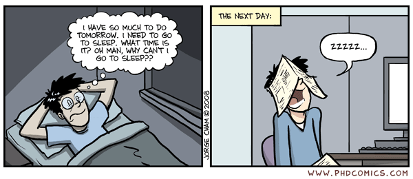 Two panel comic: at night, student frets about how much he has to do next day. Then, next day, falls asleep because he spent all night worrying.