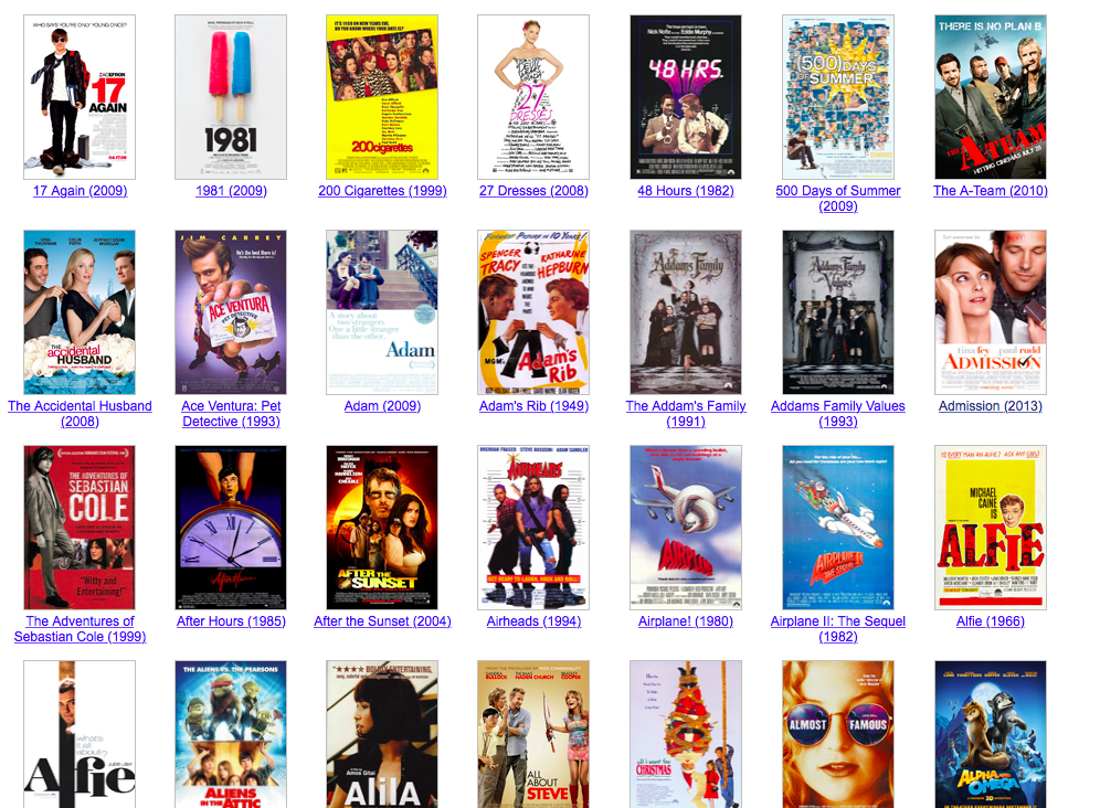screenshot showing comedy movies such as 27 dresses, 