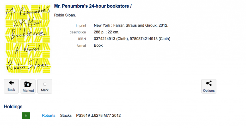 screenshot showing library information for the book "mr penumbras 24 hour bookstore" 
