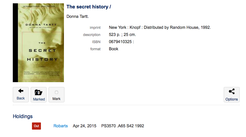 screenshot showing library information for the book "the secret history" 