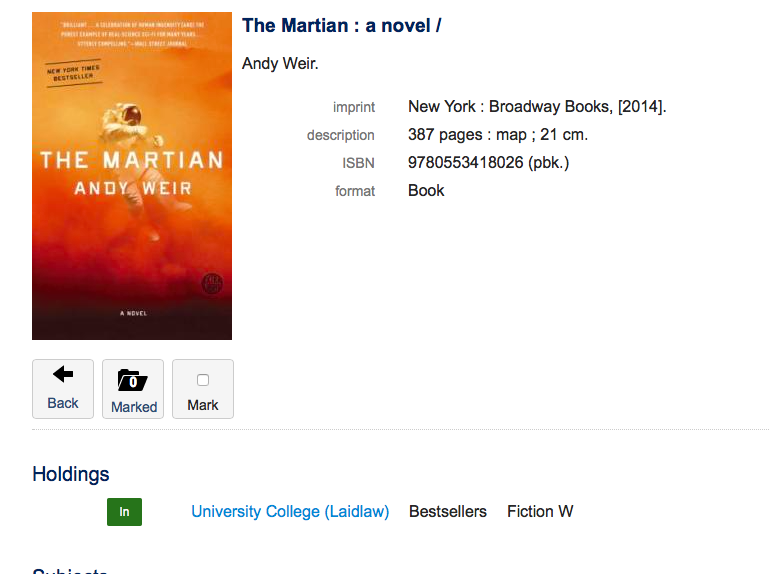 screenshot showing library information for the book "the martian: a novel" 