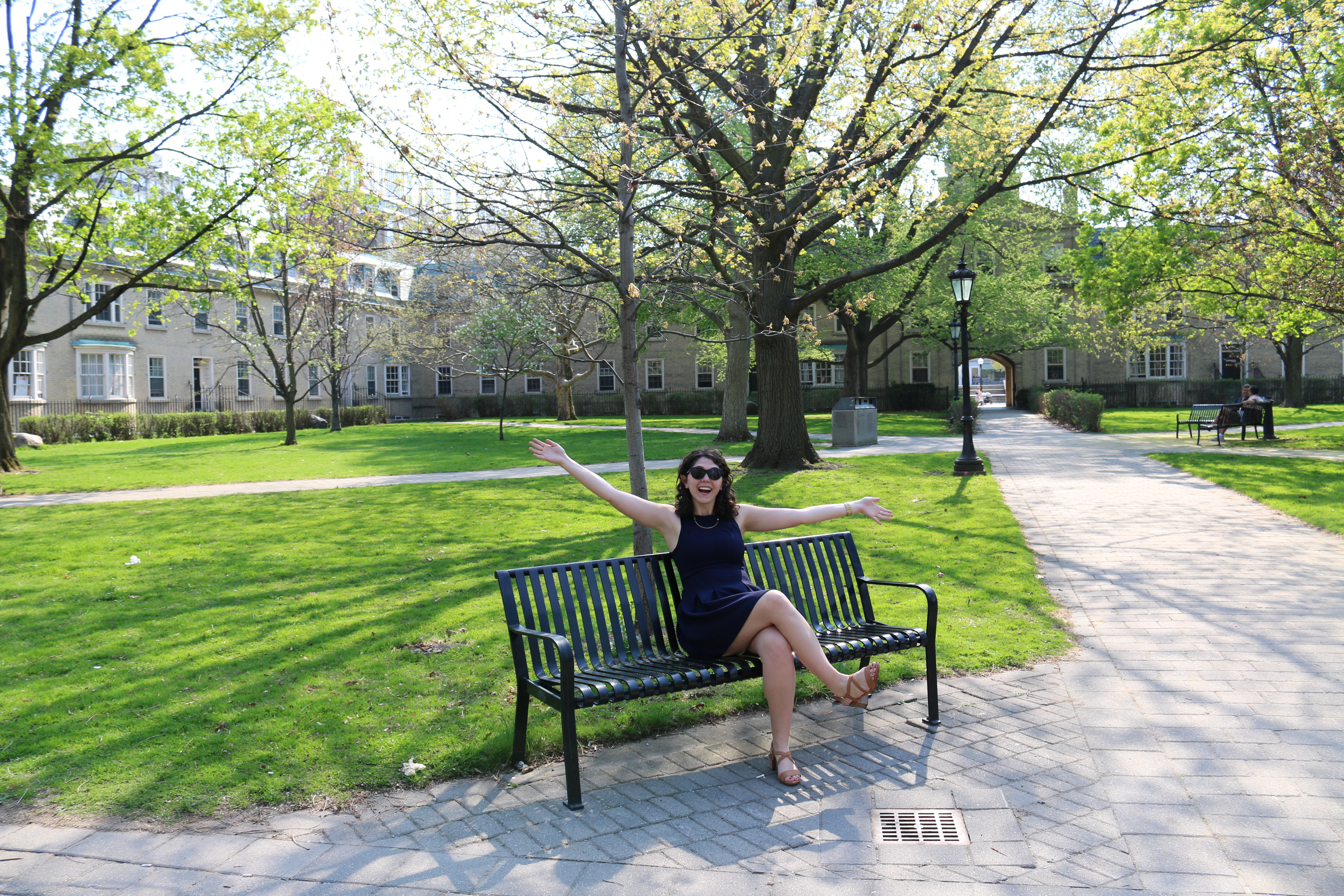 Blogger Danielle pictured on a bench in the Sir Daniel Wilson quad.