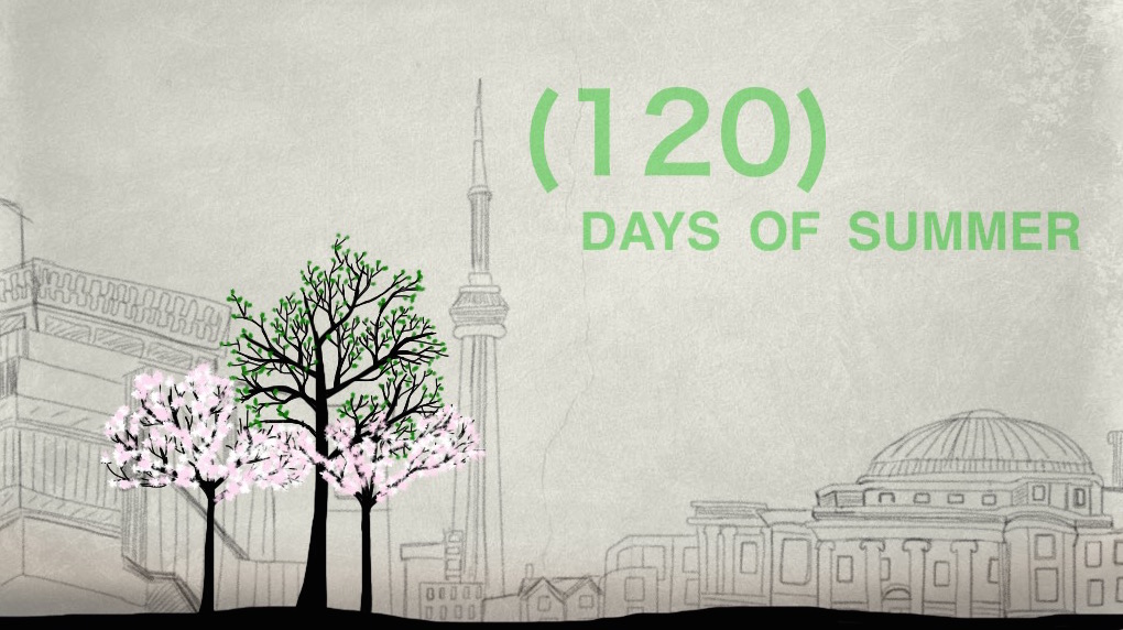 A mediocre drawing I made of a U of T landscape including Con Hall, the CN Tower, and the Medical Sciences Building, in the style of the movie (500) Days of Summer. The foreground contains three trees and the words "120 Days of Summer."