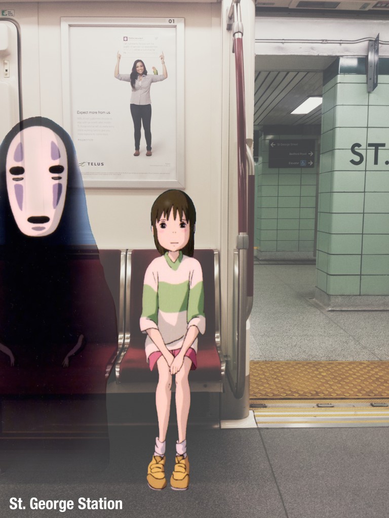 Two subway seats on a TTC train at St. George station. Chihiro and No-Face from the movie Spirited Away sit waiting for their stop.