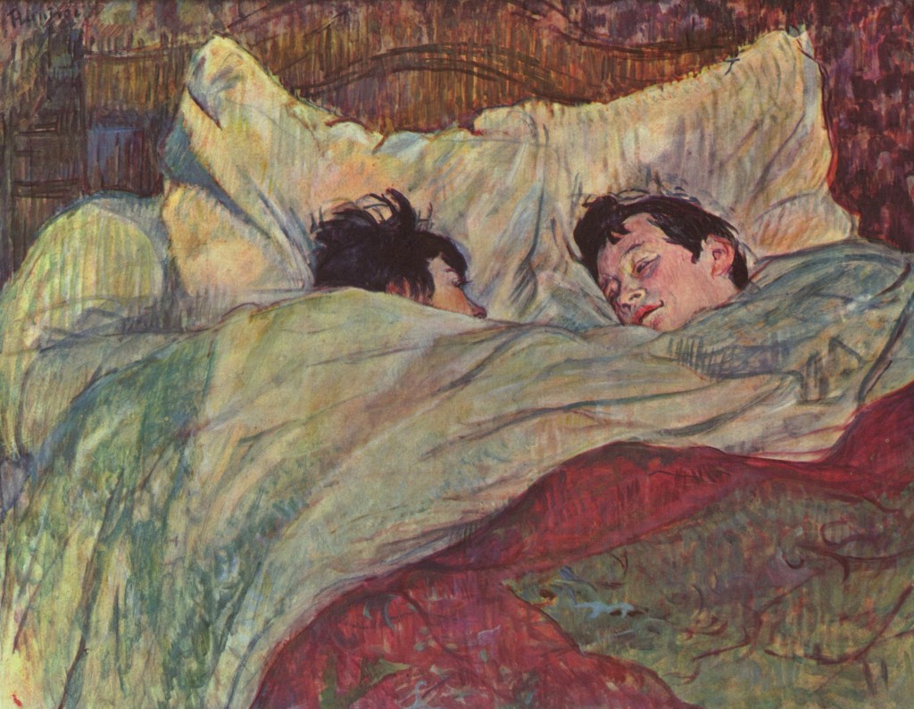 A painting of two people sleeping under blankets in a bed.