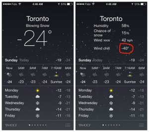 screenshots of weather app iphone showing temperature as compared to temperature with windchill