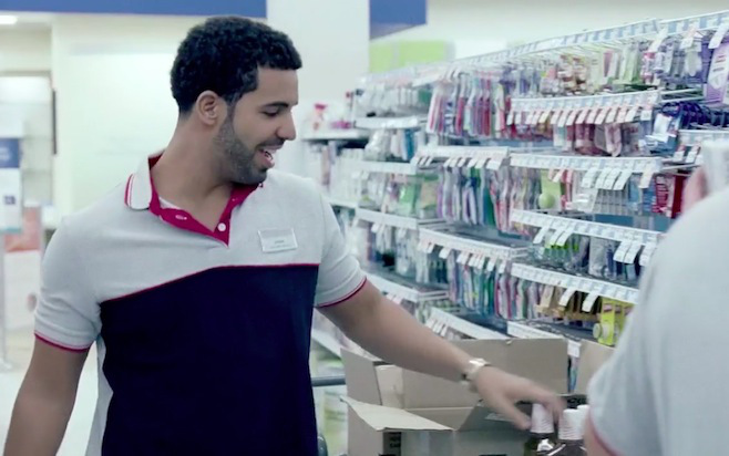 screenshot of drake working at Shopper's Drugmart from Drake's Started from the Bottom music video 