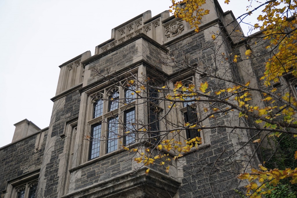 photo of a hart house window with a tree branch in front of it 