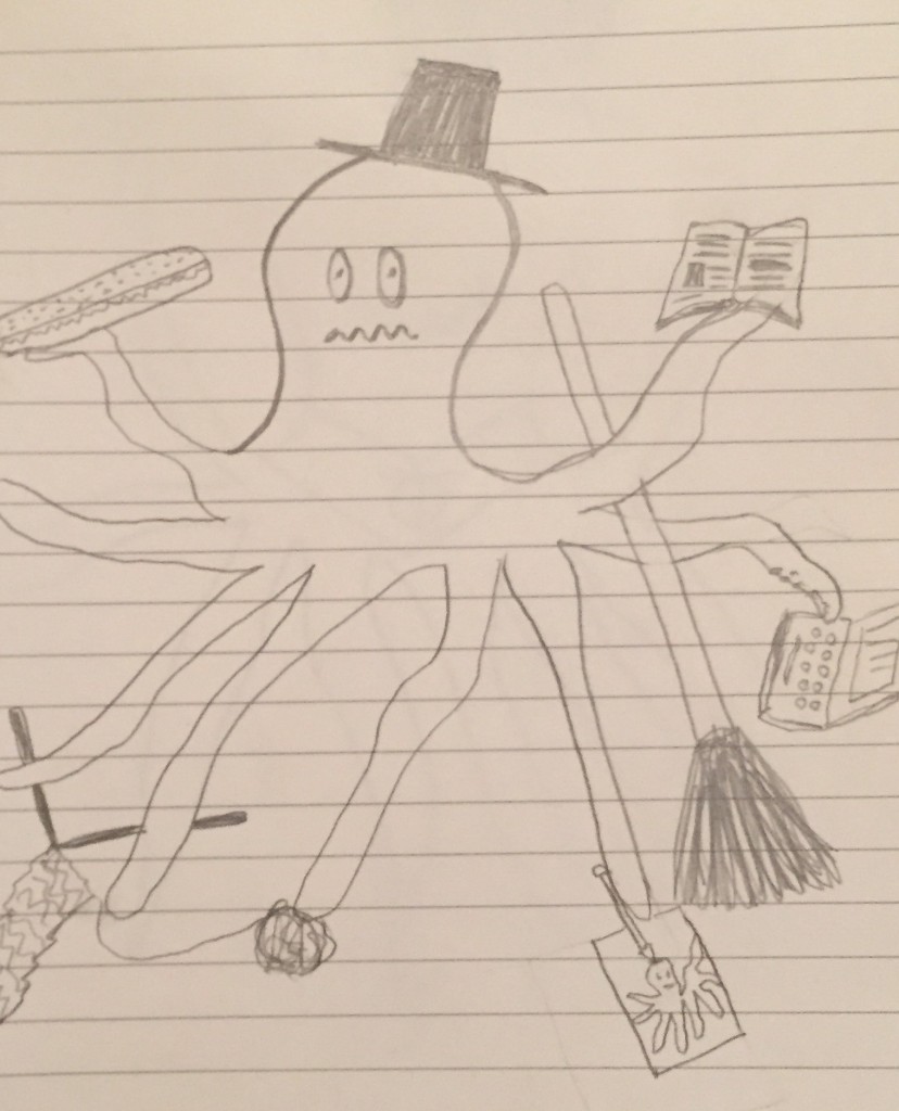 Pictured: a crudely drawn octopus eating a sandwich, writing an essay, knitting a scarf, reading a book, sweeping the floor, and wearing a top hat