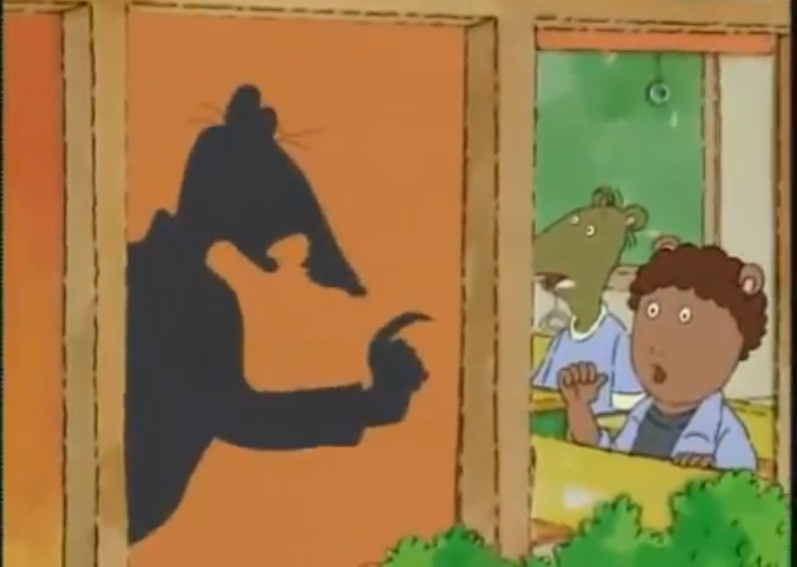 Pictured: A still from PBS's Arthur Episode 2, "The Real Mr. Ratburn" where Mr. Ratburn, in silhouette, is lecturing a bunch of terrified third graders.