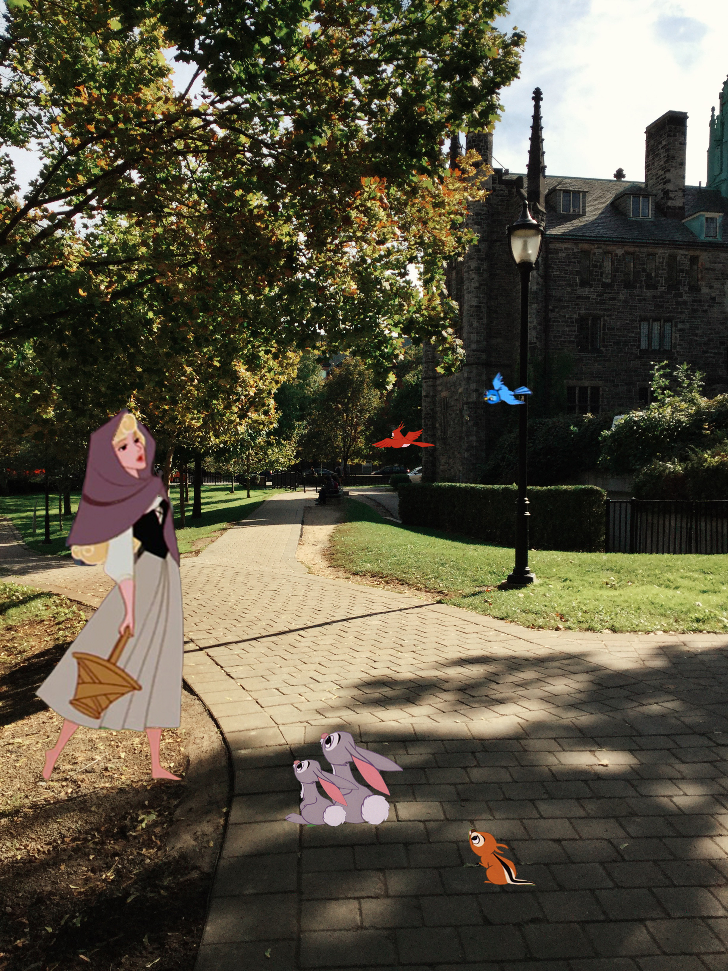 A photo of the path along the Philosophers Walk. I photoshopped Aurora from the Disney version of Sleeping Beauty walking along the foreground, along with a few friends including birds, bunnies, and chipmunks.