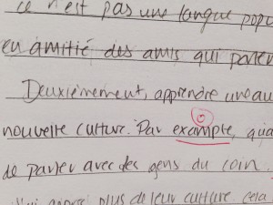 My French test with the glaring Franglais mistake: "Par example."