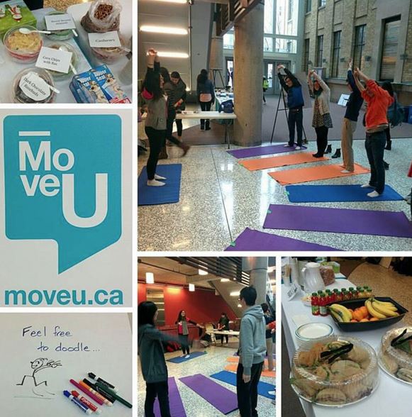 A collage showing (from left top to right bottom): snacks; the moveU logo; a piece paper with "feel free to doodle" written on it and an image of a stickman running; students doing yoga; more students doing yoga; and more snacks.