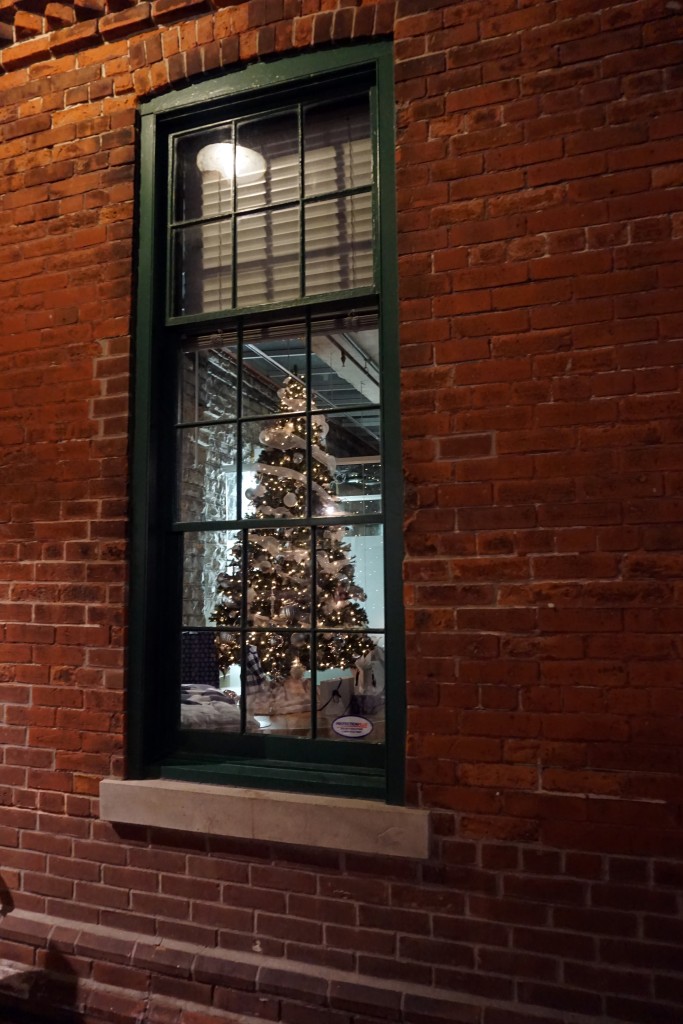 a christmas tree seen through a window