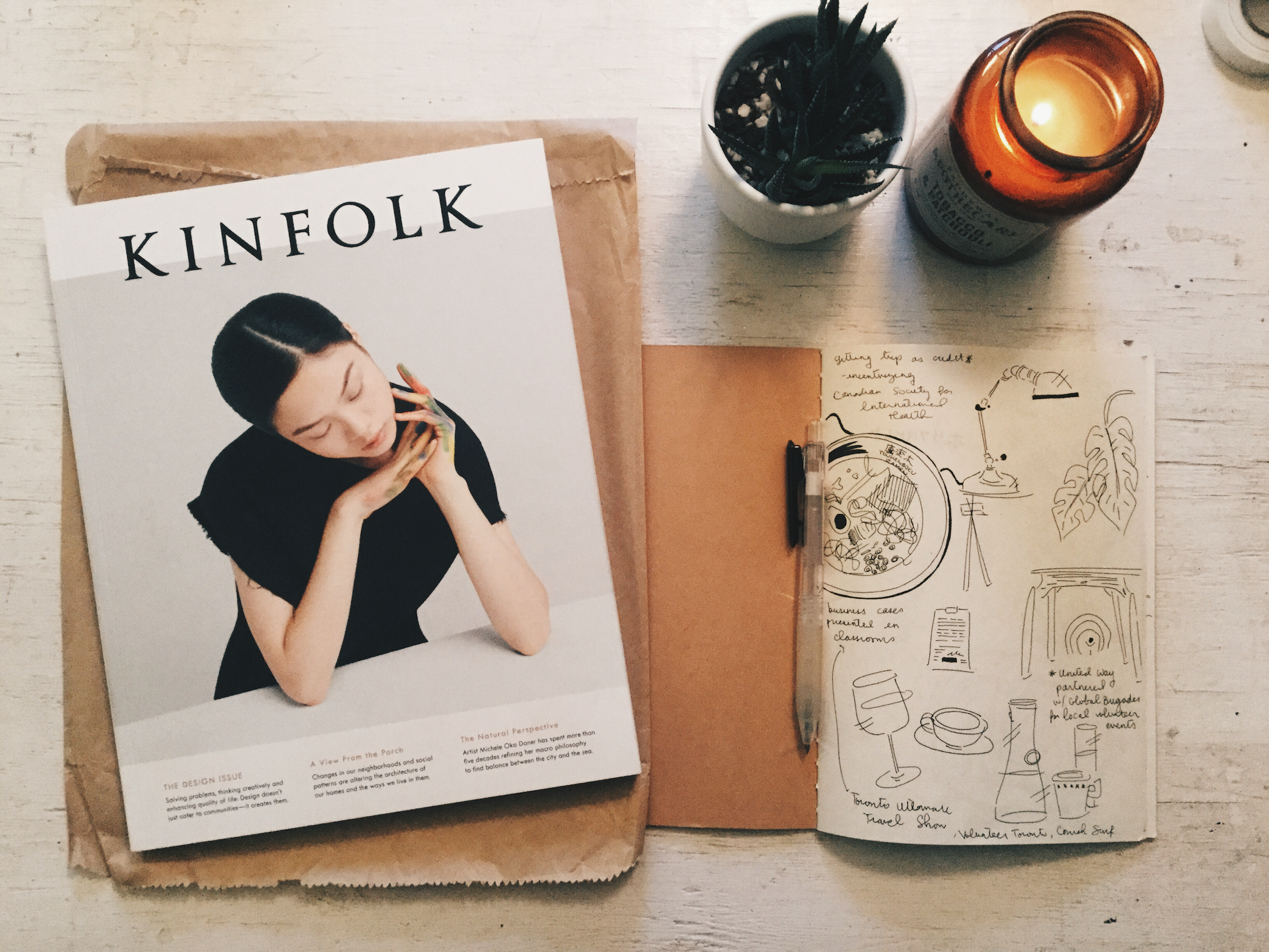 A magazine and sketchbook laid out on my desk