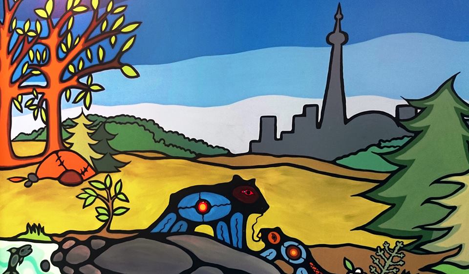Indigenous artwork showing animals in a meadow in front and the Toronto skyline in back.