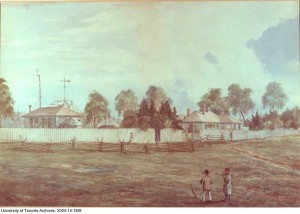 one of the earliest depictions of the Toronto Magnetic and Meterological Observatory, now the UTSU building- in a painting by William Armstrong, 1852. U of T Archives Image Bank, http://heritage.utoronto.ca/fedora/repository/default%3A22028