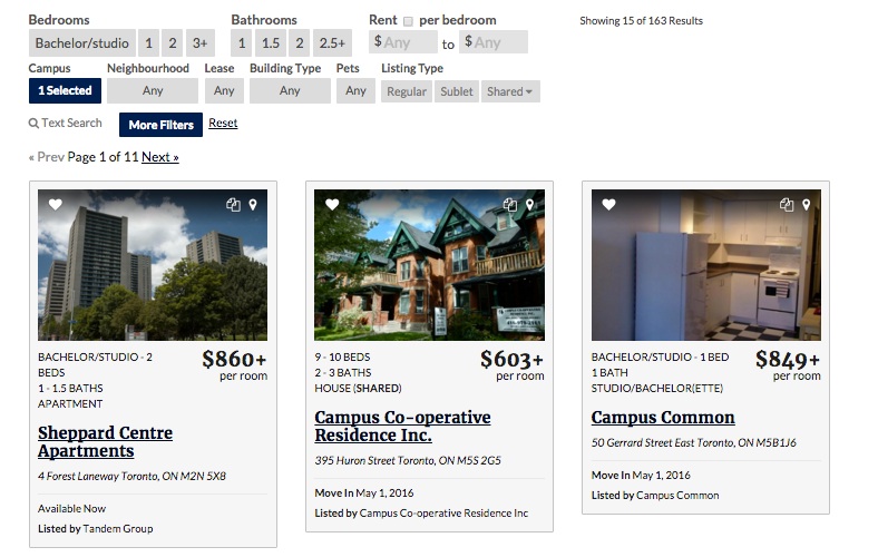 A screenshot showing cards for different apartments that have an image of the housing and brief description (availability, cost, type, number of bedrooms and bathrooms, address). You can "heart" cards and send them to friends. The screenshot also shows filtering options to narrow down your search by categories like number of bedrooms, number of bathrooms, cost, campus, neighbourhood, building type, lease, pets, and listing type. 