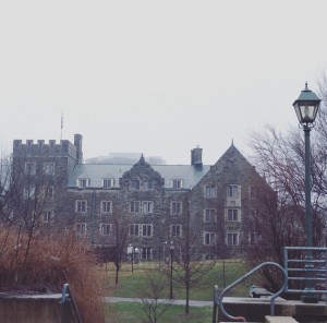 Trinity College on a foggy day.