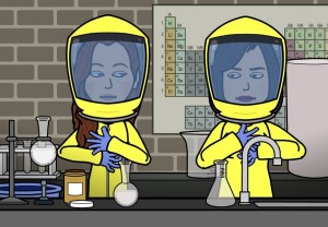 a cartoon of two people in a lab setting with full body suits on and strapping on their gloves as if to start a chemistry experiment