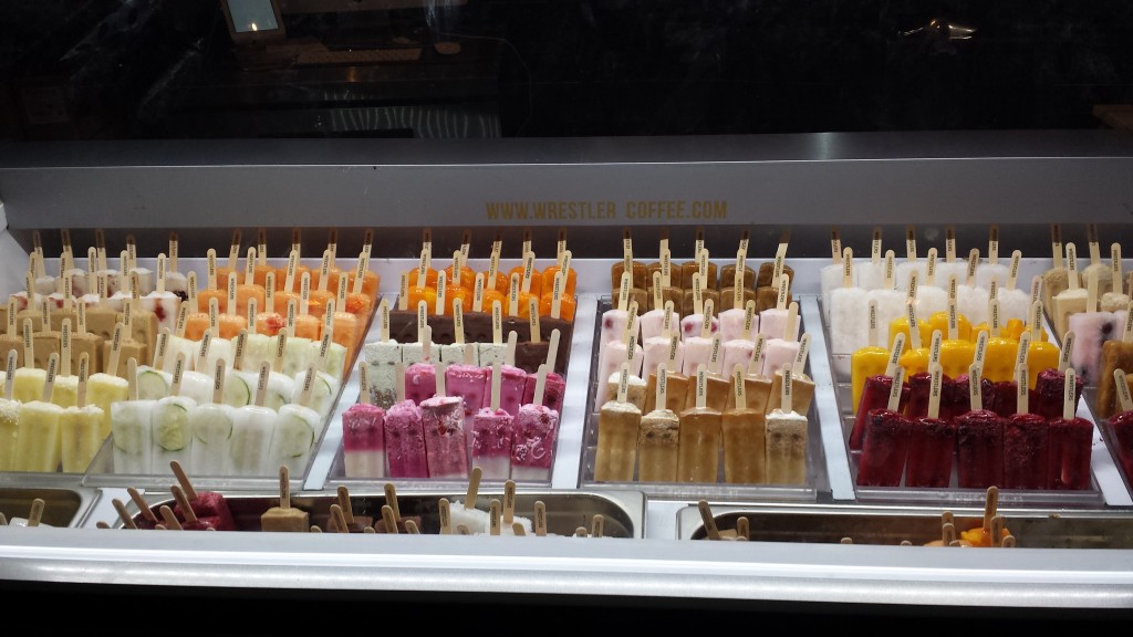 Display case of the ice-pop selections at Wrestlers.
