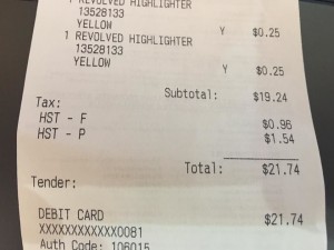receipt from U of T bookstore totaling $21.74 after tax