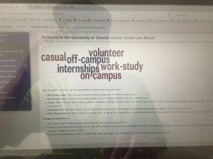 a photo of a laptop screen displaying a website that has the wrods volunteer, casual, off-campus, internships, work-study, and on-campus written on it.