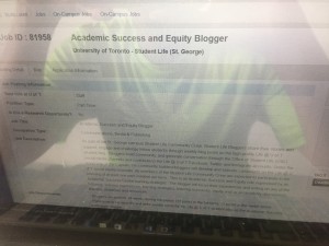 a photo of a laptop screen displaying a job listing titled Academic Success and equity blogger