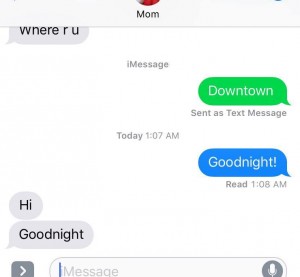  A screenshot of my texting conversation with my mom, where I tell her goodnight