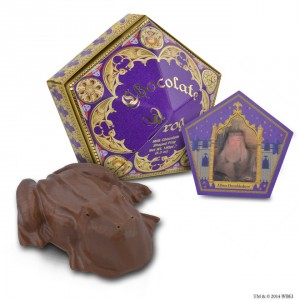 Picture of chocolate frog, wizard trading card, and box