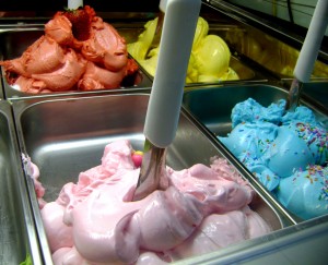A picture of different ice cream flavours: strawberry, mango, bubble gum, cotton candy
