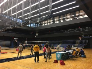 The Goldring Centre Field House is shown with participants gathered to play balley ball.