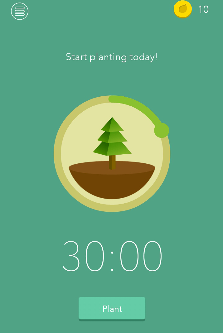 A picture of the app, Forest: there's a timer set to thirty minutes and a count down of thirty minutes happening around a picture of a pine tree