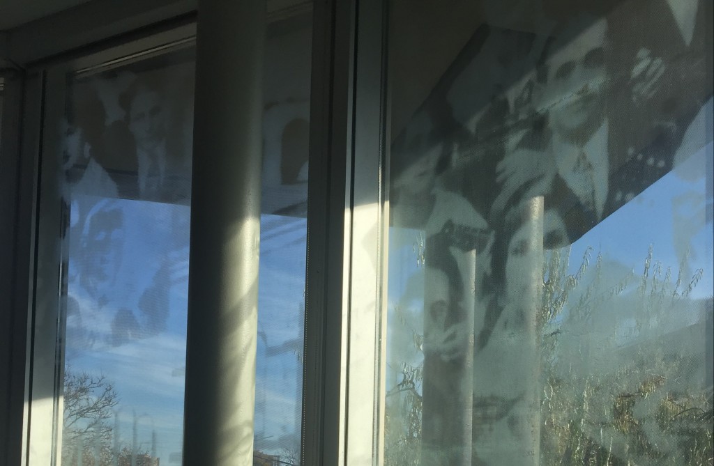 The artwork imprinted on the windows of the sanctuary in the Wolfond Centre.