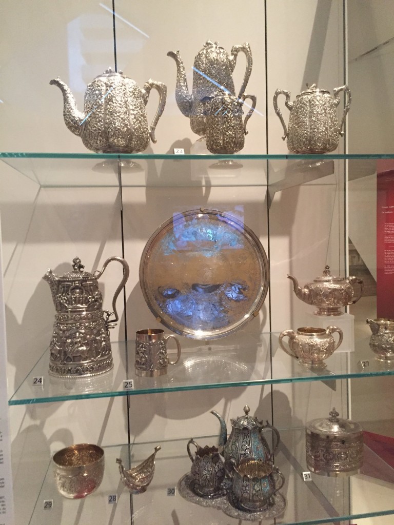 Display of "Swami-ware" silverware: European style silverware imprinted with Indian ornamentation