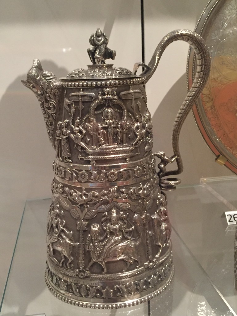 A close-up of one of the swami-ware tea kettles.