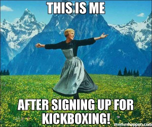Woman seen frolicking through a field of flowers with a text overlay which reads "This is me after signing up for kickboxing!"