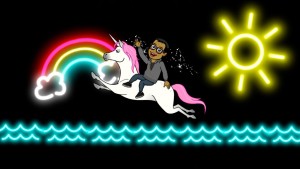 A cartoon of blogger Jasper against a black background riding a unicorn that has a pink mane and tail as it flies above an neon-light ocean. A neon-light sun sits at the upper righ corner and a neon-light rainbow sits just to the left of the unicorn almost as if the unicorn was flying into the rainbow. There are start-like particles surrounding blogger Jasper and the unicorn, as if the entire experience is magical.
