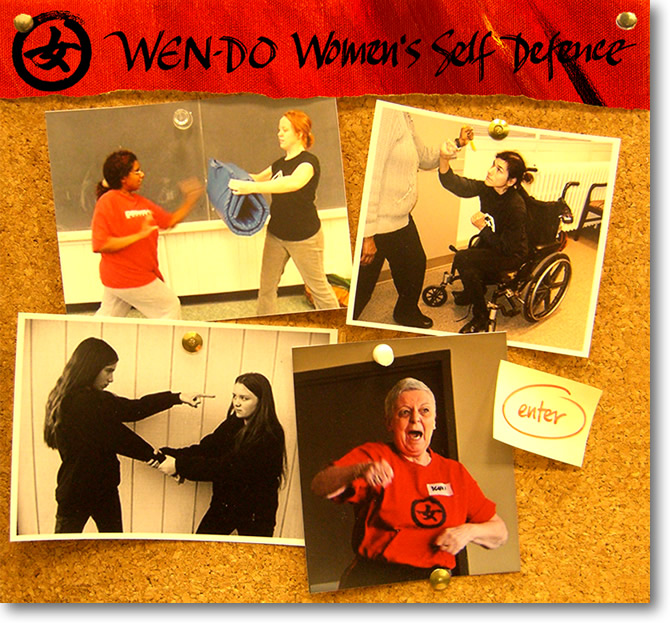 Wen-Do Women's Self-Defence bulletin board with photos of women punching