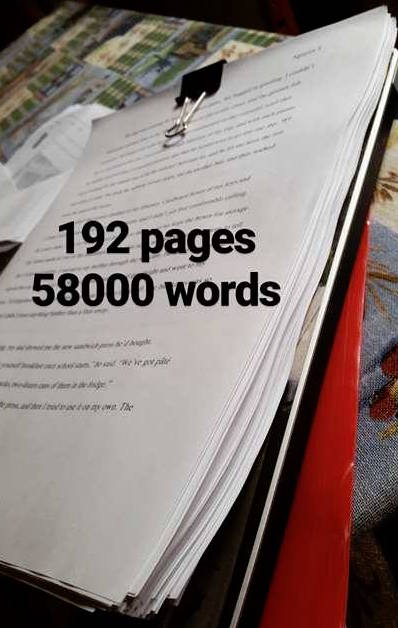 Stack of papers with text reading: 192 pages / 58000 words