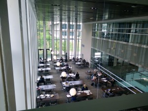 large high ceiling space with natural light in the law building's library