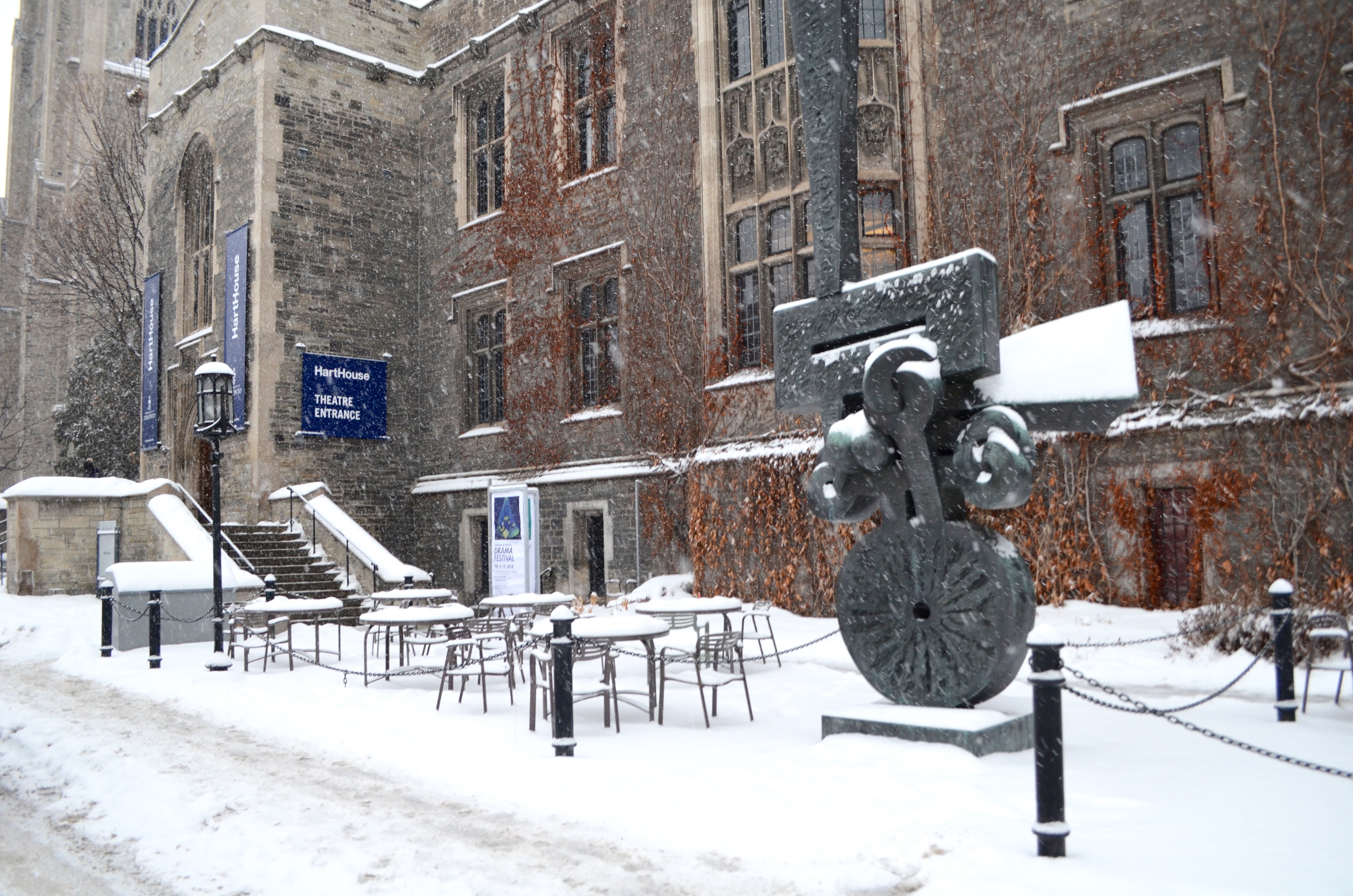 Hart House patio space during snow fall