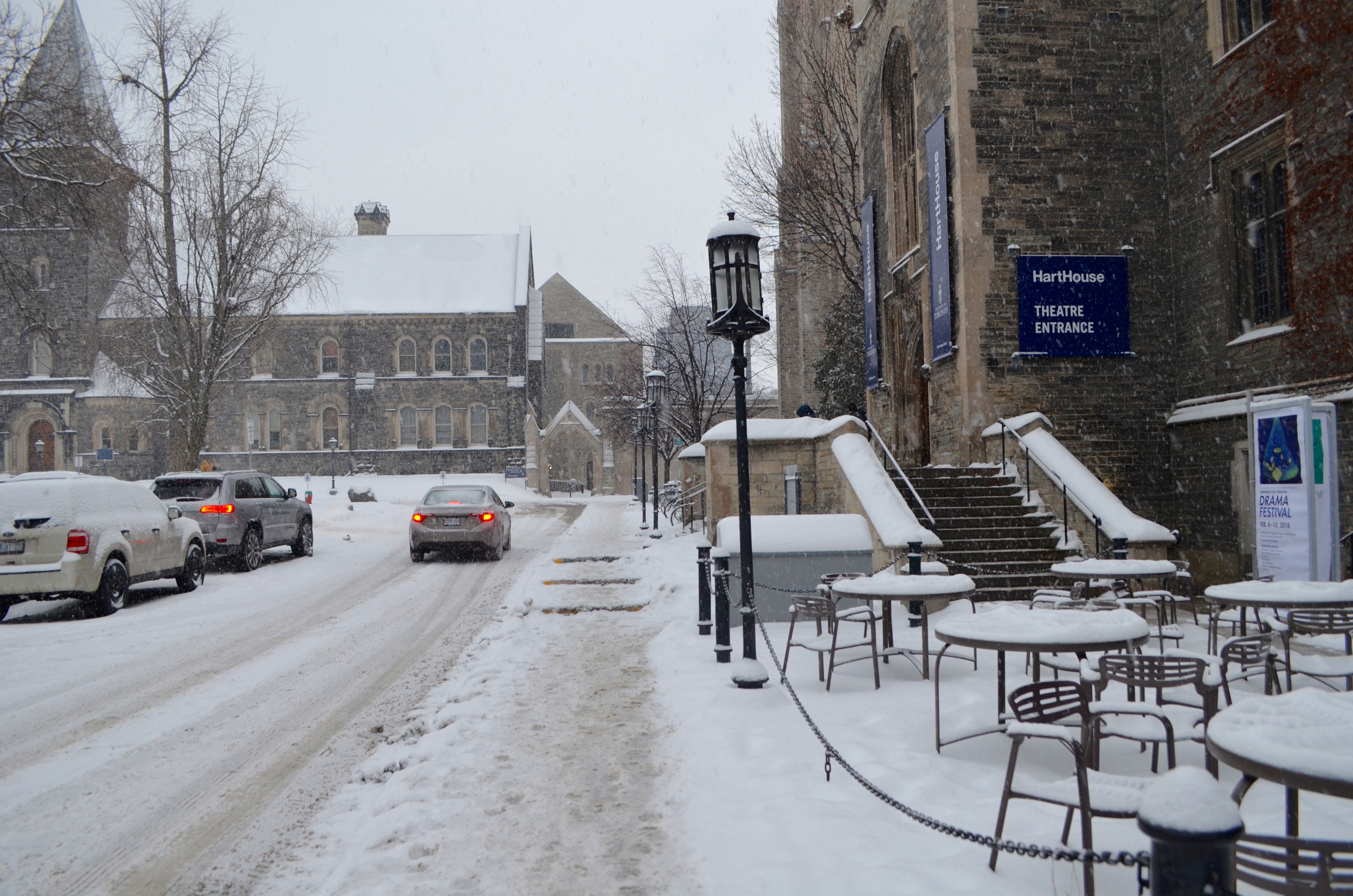 Hart house during snow fall