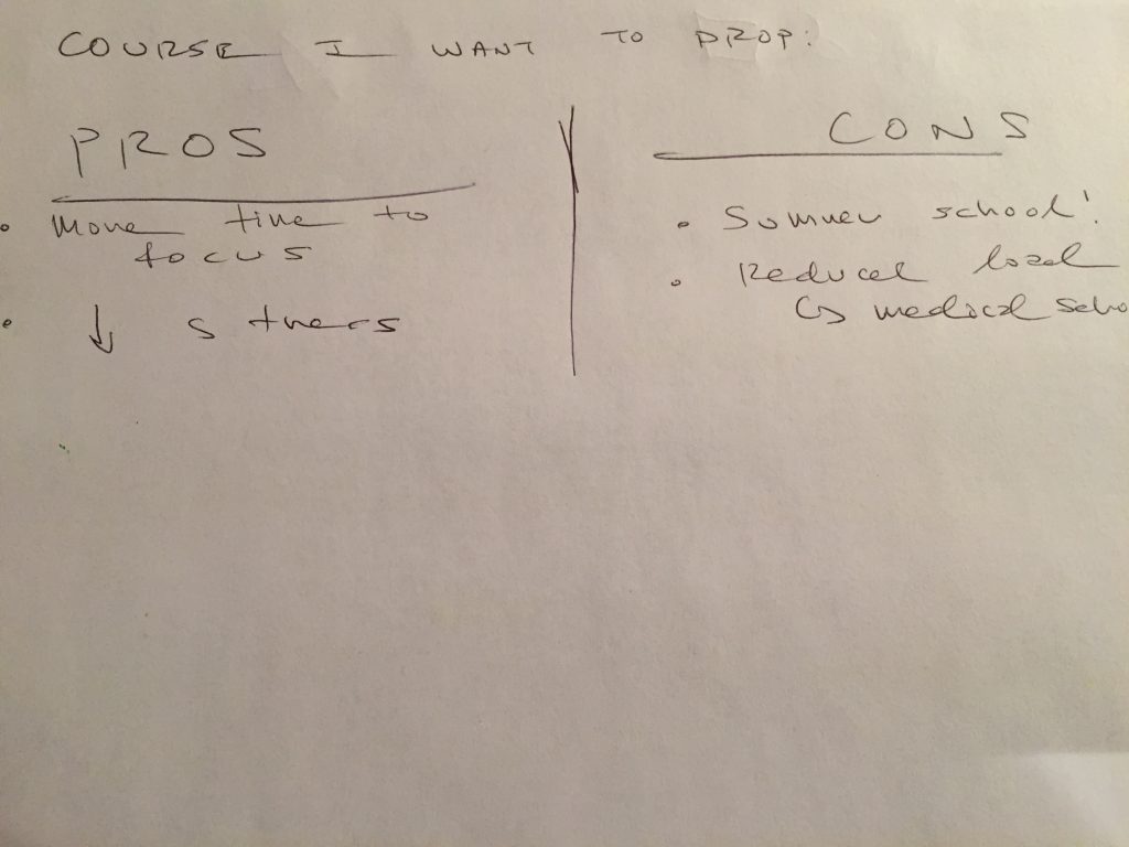 Photograph of handwritten pros and cons list about dropping a course