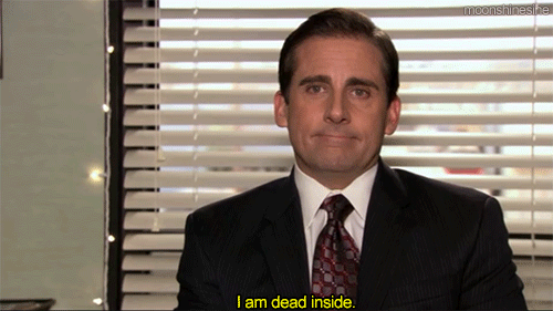a man in an office saying "I am dead inside"