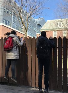 Two students peeping over a fence