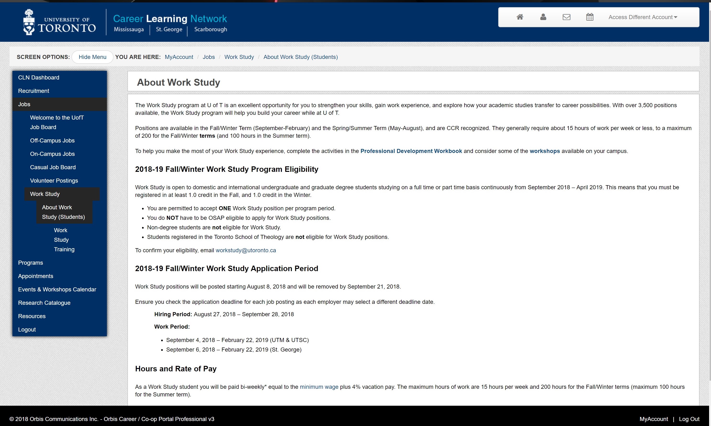 a screen-capture of the work-study page on the career learning network