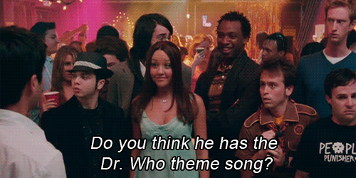 a GIF from Sydney White. A group of friends at a theme party. Caption reads "Do you think he has the Dr. Who theme song?"
