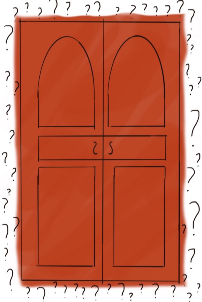 a red door surrounded by question marks