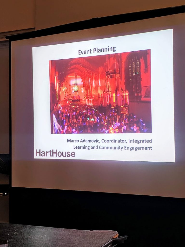 The introductory slide for the presentation at the Hart House event-planing workshop